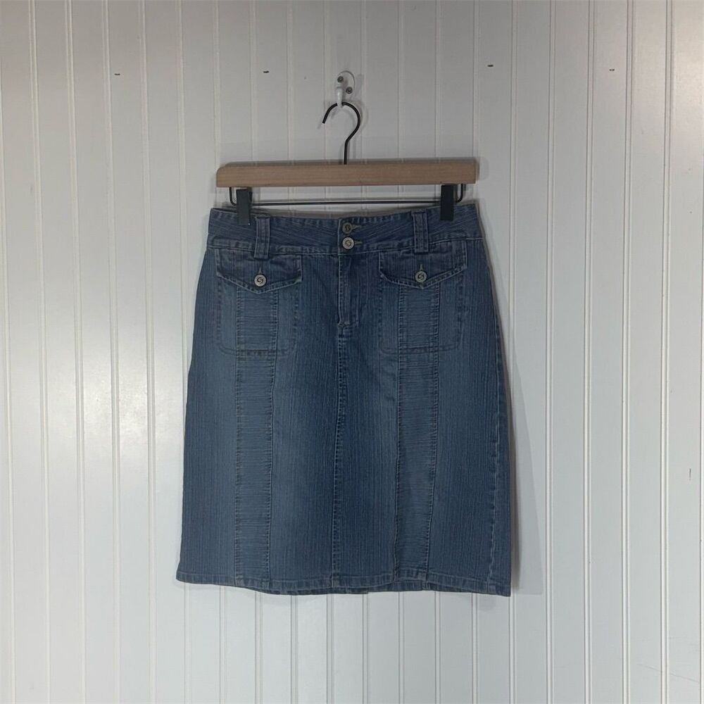 Squeeze by Stephen Hardy Blue Denim Skirt Size 9/10 Y2K Utility Pockets Stretch